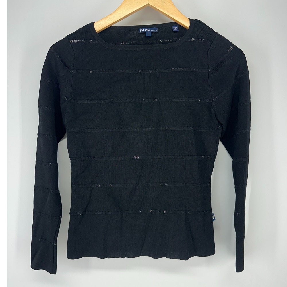 Bisou Jeans Knit Top Womens S Black Sequin Ribbed Long Sleeve BF2P550 Y2K Goth